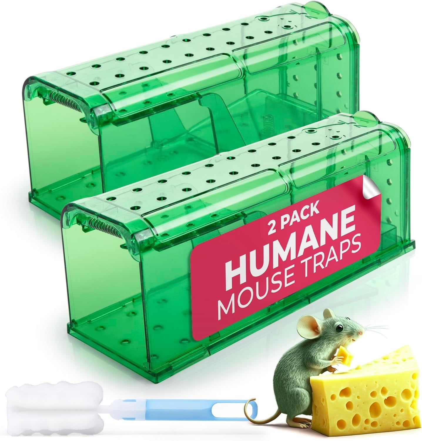 Humane Mouse Trap Pack of 2 - Live Mouse Traps Catch and Release Trap for Indoor and Outdoor Use - Reusable Mouse Traps, Safe \u0026 Effective No Kill Mouse Traps - Mouse Traps Catch and Release (Green)